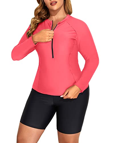 Women's Long Sleeve Plus Size Rash Guard Tankini Boy Shorts Swimsuit-Red