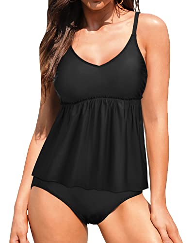 Scoop Neck Tankini Swimsuit Flowy Shorts For Women-Black