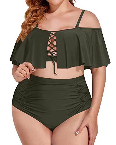 Two Piece Lace Up Flounce High Waisted Plus Size Bikini Sets-Army Green