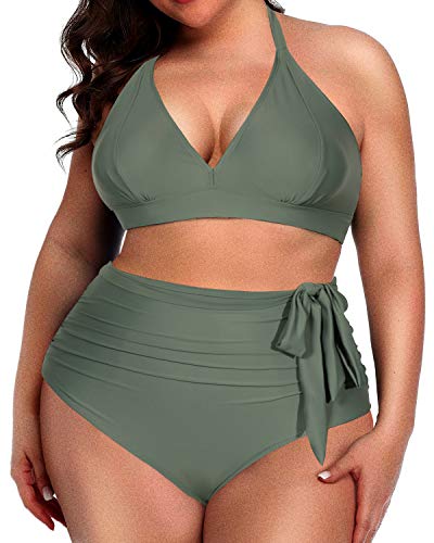 Flattering Two Piece Plus Size Swimsuit Halter Top-Army Green