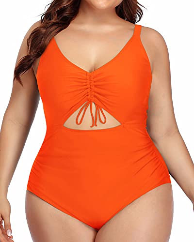 Fashionable Drawstring Cutout Plus Size Monokini Swimsuits-Neon Orange