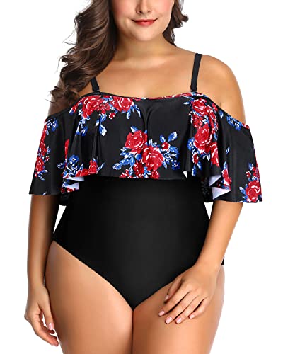 Charming Flounce Top Off Shoulder Swimsuit For Plus Size Women-Black And Red Floral