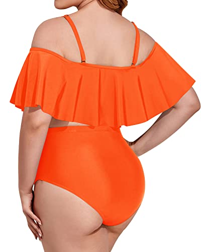 Lace Up Off Shoulder Plus Size Two Piece Swimsuits-Neon Orange