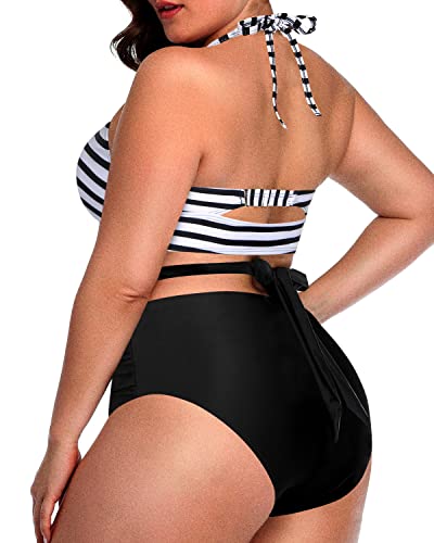 Two Piece Knotted High Waist Bikini Set For Plus Size Ladies-Black And White Stripe