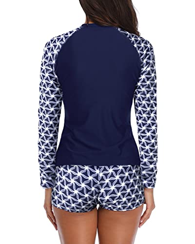 Flattering Raglan Sleeve Two Piece Rash Guard Women's Swimsuit-Blue And White Stars