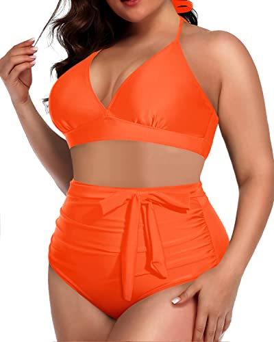 Two Piece Retro-Inspired Knotted High Waisted Bikini For Plus Size Women-Neon Orange