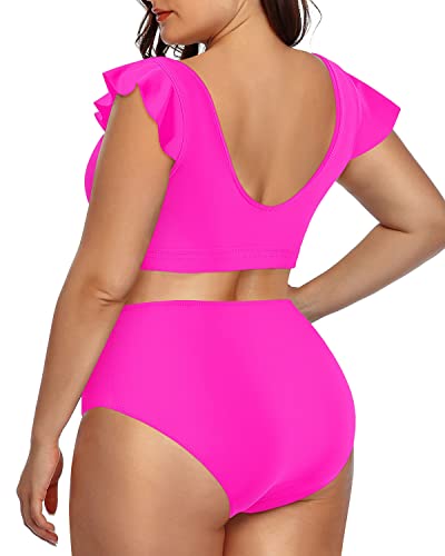 Comfortable Ruffled Sleeve Bikini Set Two Piece Swimsuits For Women-Neon Pink
