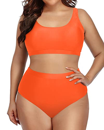 Sporty Scoop Neck Plus Size Bikini Set High Waisted Bottoms-Neon Orange
