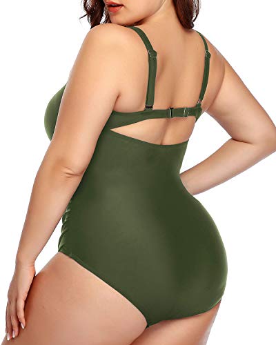 Plus Size Tummy Control Cutout One Piece Swimsuit-Army Green