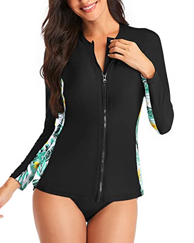 Women 2 Piece Rash Guard Zipper Long Sleeve Swimsuit-Black Leaf