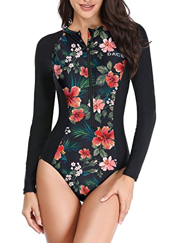 Surfing One Piece Rash Guard Women's Swimsuit Zipper-Navy Flower