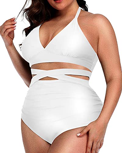 Stylish And Supportive Knotted High Waisted Plus Size Two Piece Swimsuit-White
