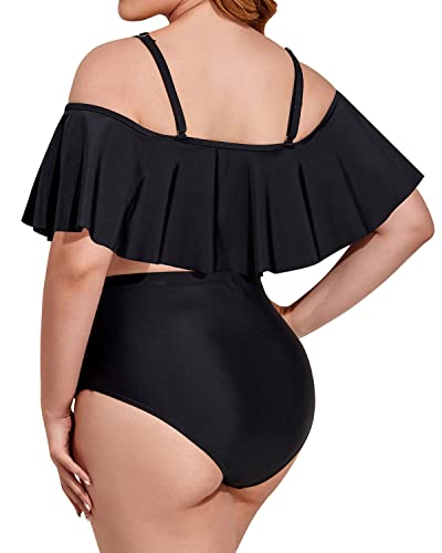 Ruffle Bikini Top Tummy Control Two Piece Swimsuit-Black