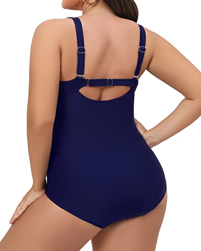 Women Flattering Plus Size Ruched Bathing Suit Tummy Control-Navy Blue