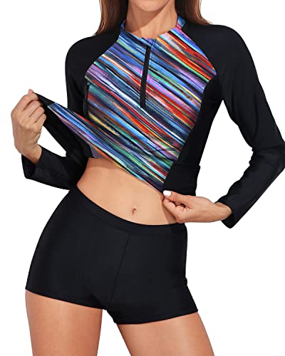 Women's Long Sleeve 2 Piece Rash Guard Boyshorts-Color Oblique Stripe