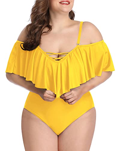 Flounce Tummy Control Plus Size Swimwear-Neon Yellow