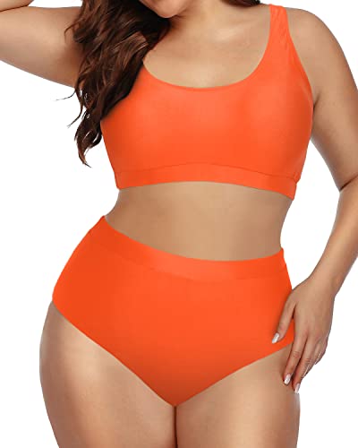 Sporty Scoop Neck Plus Size Bikini Set High Waisted Bottoms-Neon Orange
