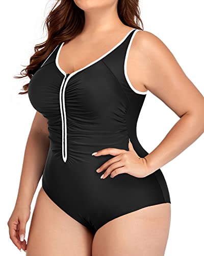 Push-Up Zipper Front Plus Size Bathing Suit For Women-Black