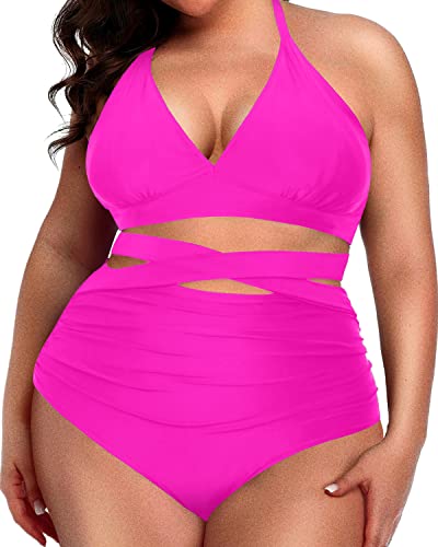 Push Up Padded Knotted High Waisted Bikini For Plus Size Ladies-Neon Pink