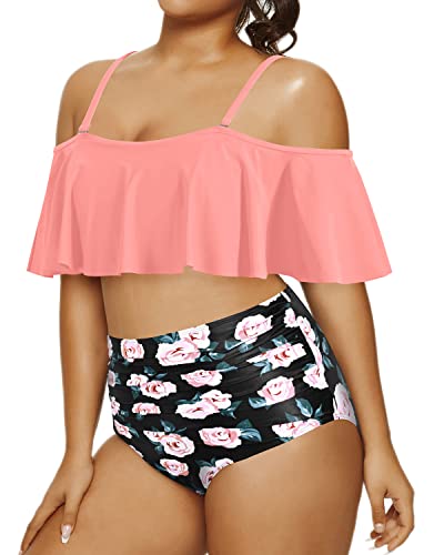 Tummy Control Plus Size Two Piece Bikini High Waist Bottoms-Coral Pink Floral