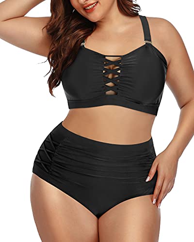 Ruched High Waisted Two Piece Bikini Set For Plus Size Women-Black