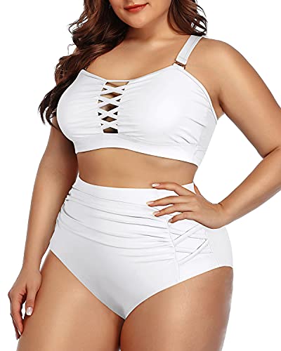 Two Piece Push Up Padded Ruched Bikini For Plus Size Women-White