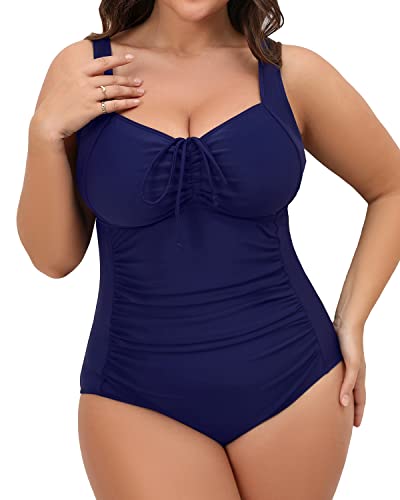 Women Flattering Plus Size Ruched Bathing Suit Tummy Control-Navy Blue