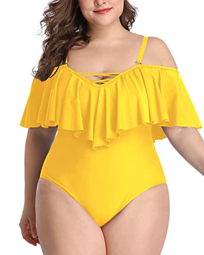 Flounce Tummy Control Plus Size Swimwear-Neon Yellow