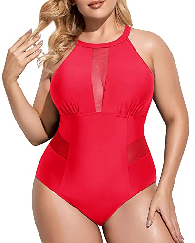 Charming High-Neck Plus Size Monokini For Curvy Women-Neon Red