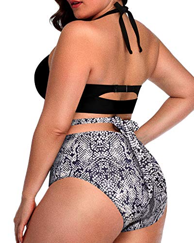 Chic And Flattering Knotted High Waisted Plus Size Bikini Set-Black And White Snake Print
