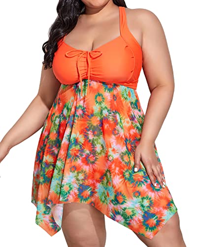 Mesh Tankini Swim Dress Boyshorts For Plus Size Women-Orange