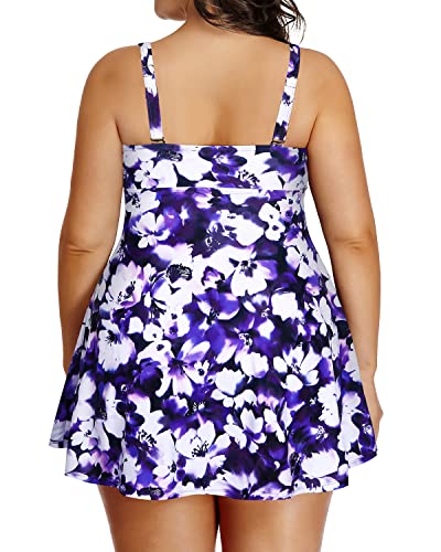 Coverage-Providing Plus Size Swim Dress Tummy Control Shorts-Blue Floral