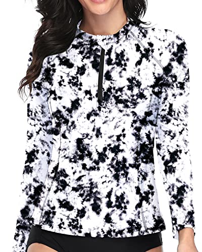 Women's Quick Dry Long Sleeve Rashguard Top Sun Protection Swim Shirt-Blackwhite Tie Dye