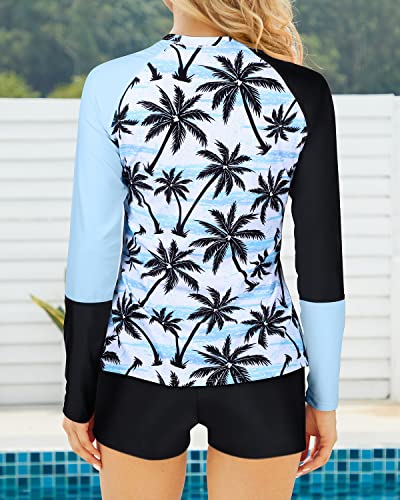 Sporty Women's Bathing Suit Sets Boyshort And Long Sleeve Rashguard-Black Cconut Tree