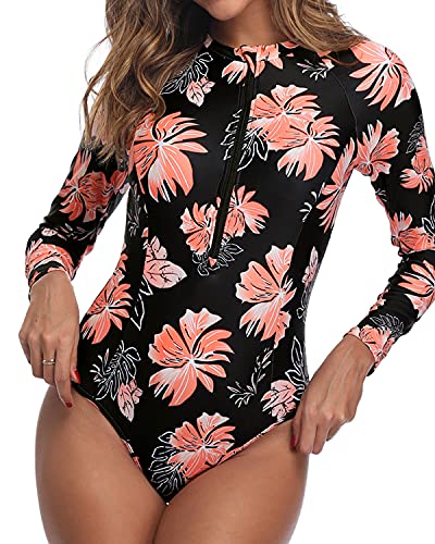 One Piece Zipper Women's Rash Guard Long Sleeve Swimsuit Upf 50+-Black Orange Floral