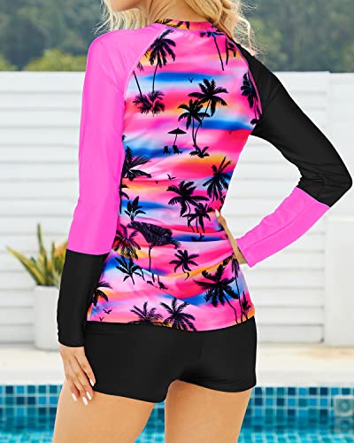Sporty Raglan Sleeves Rash Guard Long Sleeve Swimming Suits Women-Pink Palm