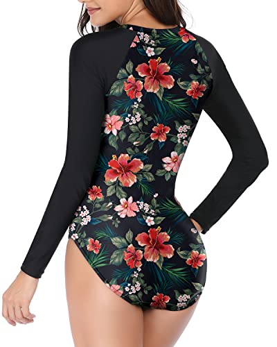Surfing One Piece Rash Guard Women's Swimsuit Zipper-Navy Flower