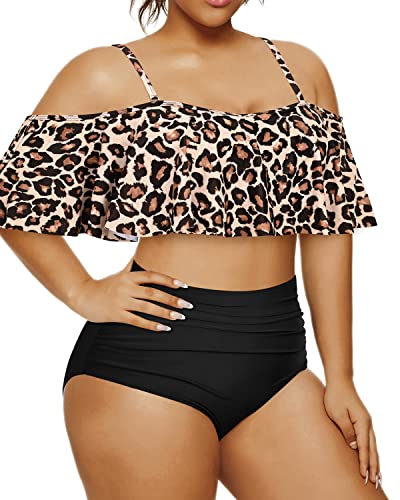 Slimming And Charming Plus Size Ruffle Bikini Set For Women-Black And Leopard