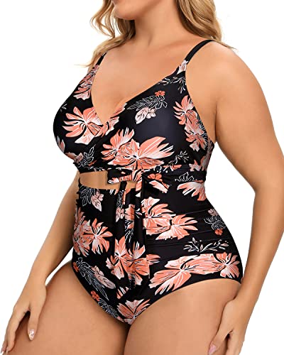 High Waisted Tummy Control Cutout Open Back Plus Size One Piece Swimsuits-Black Orange Floral