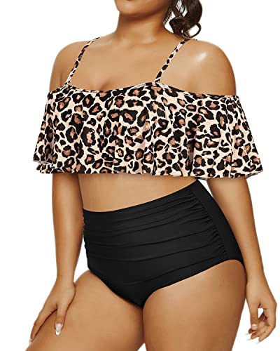 Slimming And Charming Plus Size Ruffle Bikini Set For Women-Black And Leopard