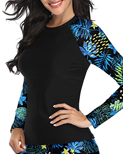 Upf 50+ Sun Protection Swim Shirt Rashguard Top For Ladies-Tropical Leaves