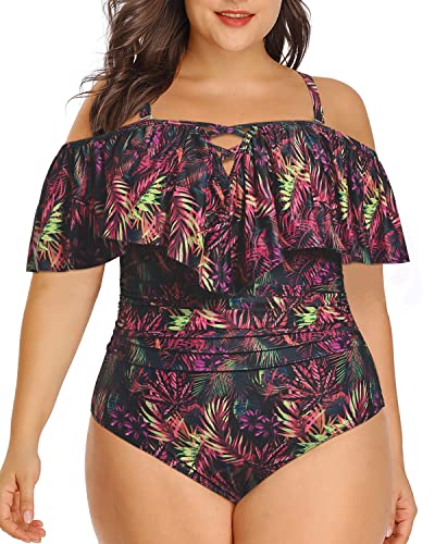 Chic Cross Lace Up Women Plus Size One Piece Swimsuits-Purple Leaf
