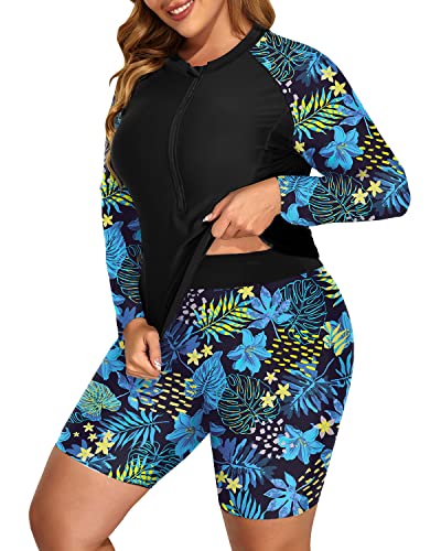 Athletic Zip Front Rash Guard Tankini Boy Shorts For Women-Blue Leaf