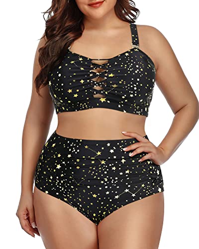 Women Charming Lace Up Plus Size Bikini High Waisted Bottoms-Gold Stars