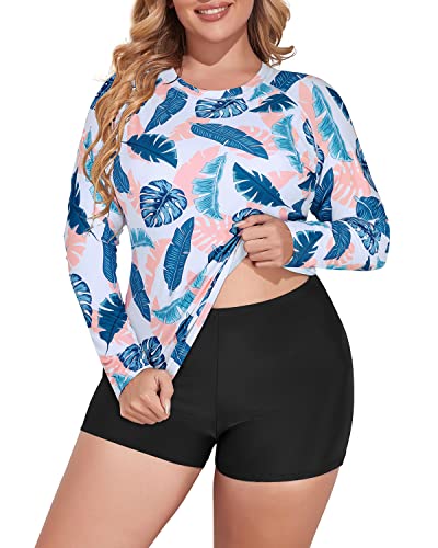 Women's Plus Size Upf 50+ Rash Guard Swimwear Boyleg Bottom-White Leaf