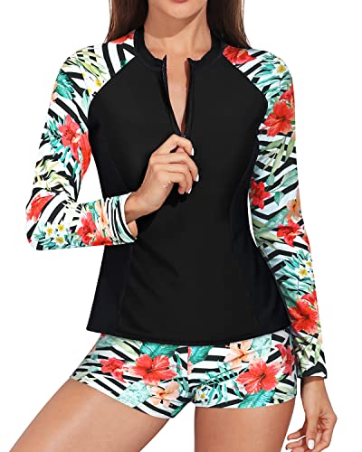 Long Sleeve Rash Guard Swimsuit Boy Shorts For Women-Black And Striped Leaves