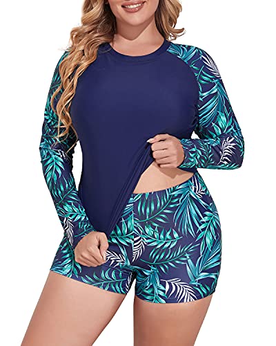 Plus Size Rash Guards Women's Plus Size Rash Guard Tankini Boyshorts-Navy Blue Leaf – Daci