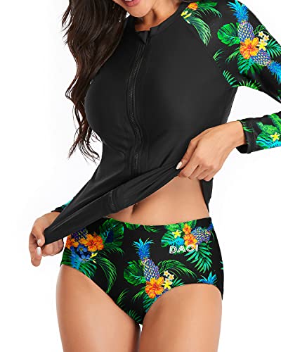 Women's Sporty Colorblock Rashguard And Shorts-Black Pineapple