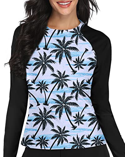 Long Sleeve Rashguard Top Built-In Bra For Women-Black Palm Tree
