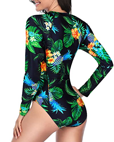 Upf 50+ Women's Zipper Front Long Sleeve Rash Guard Swimsuit-Black Pineapple